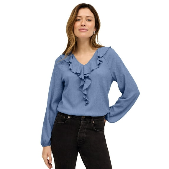Ellos Plus Size Stretch Textured Knit V-Neck Ruffle Front Top