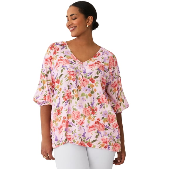 Ellos Plus Size V-Neck Blouse With Blouson Sleeves