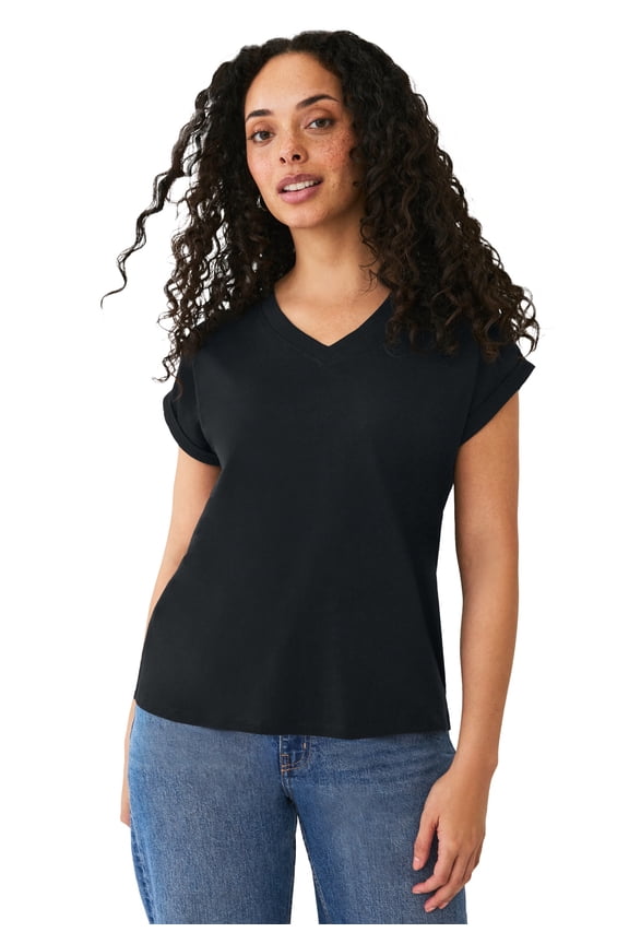 Plus Size Cotton Jersey Slub V-Neck Tee With Rolled Cuffs