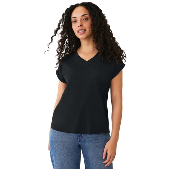 Ellos Plus Size Cotton Jersey Slub V-Neck Tee With Rolled Cuffs