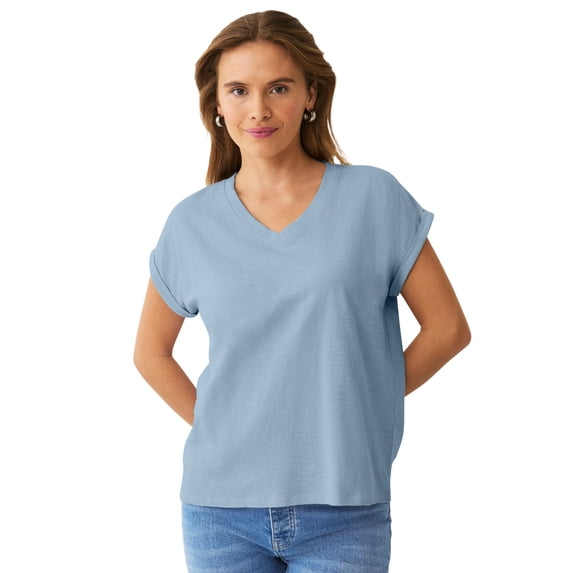 Ellos Plus Size Cotton Jersey Slub V-Neck Tee With Rolled Cuffs