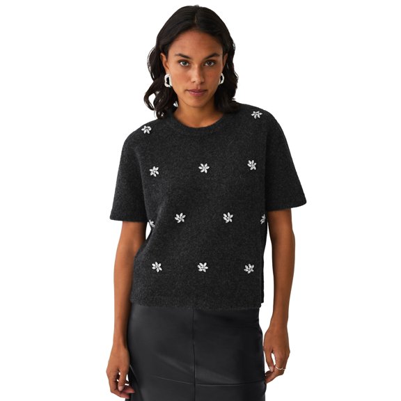 Ellos Plus Size Wool-Blend Embellished Crewneck Elbow-Length Sleeve Pullover Sweater