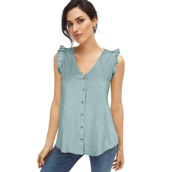 Ellos Women's Button-Front Ruffle Sleeve Tank