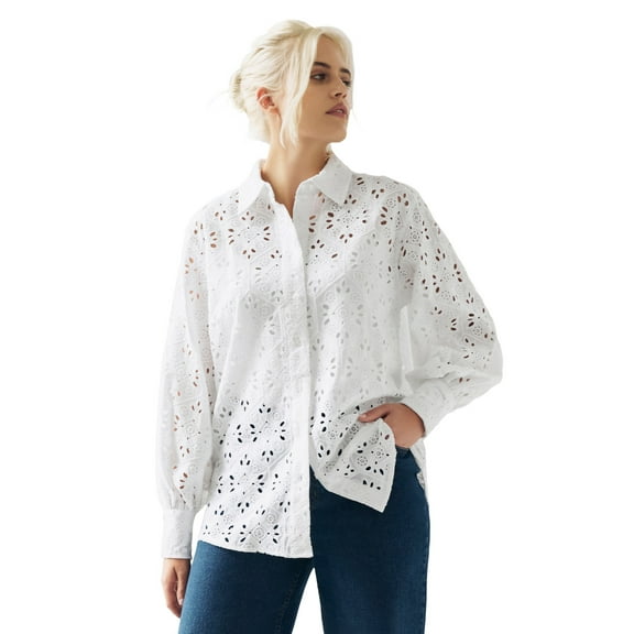 Ellos Women's Eyelet Button Front Shirt With Blouson Sleeves