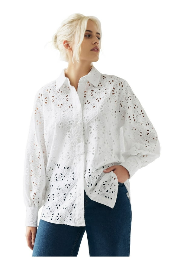 Women's Eyelet Button Front Shirt With Blouson Sleeves