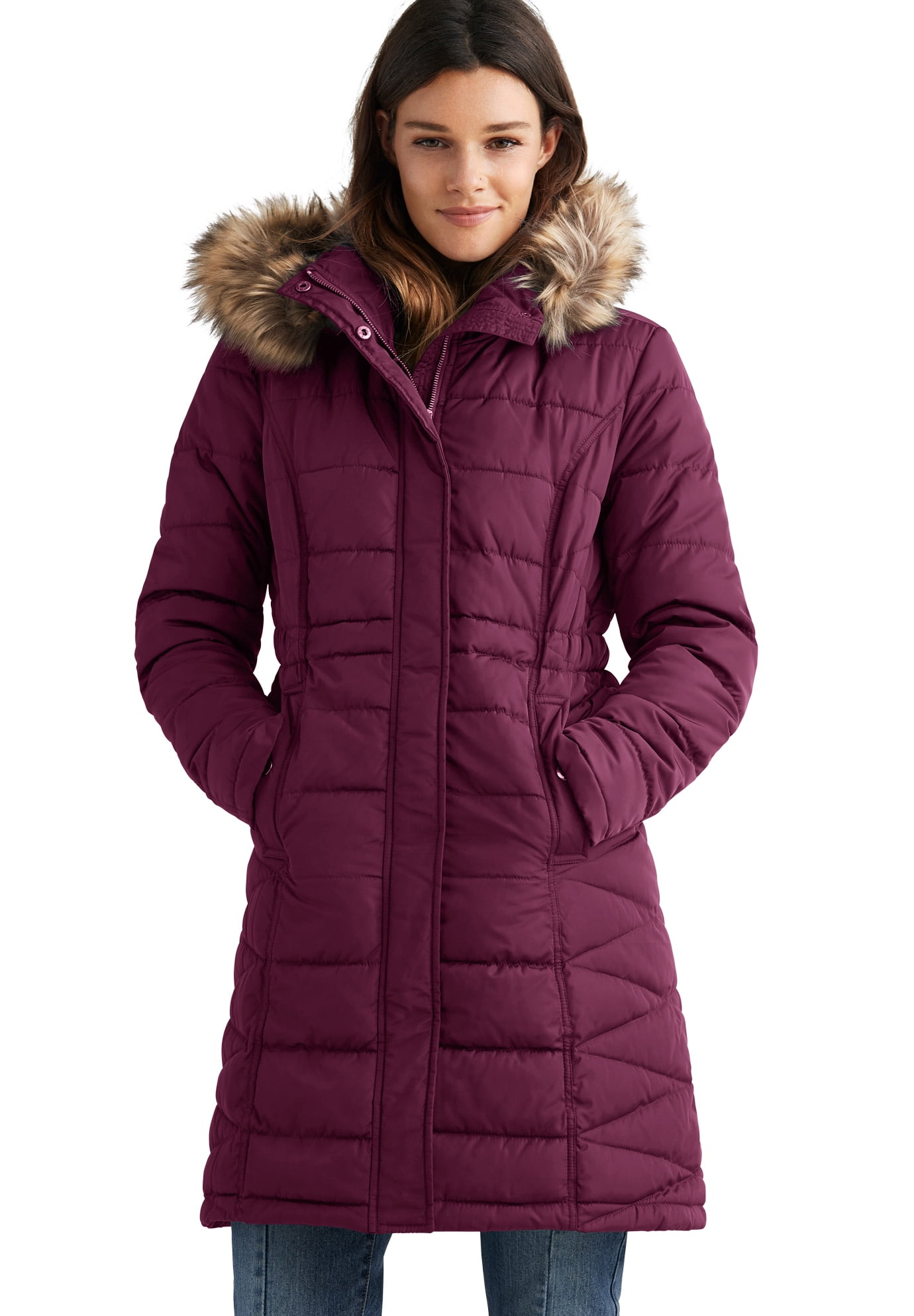 Ellos Women's Faux Fur Trim Puffer Coat - Walmart.com