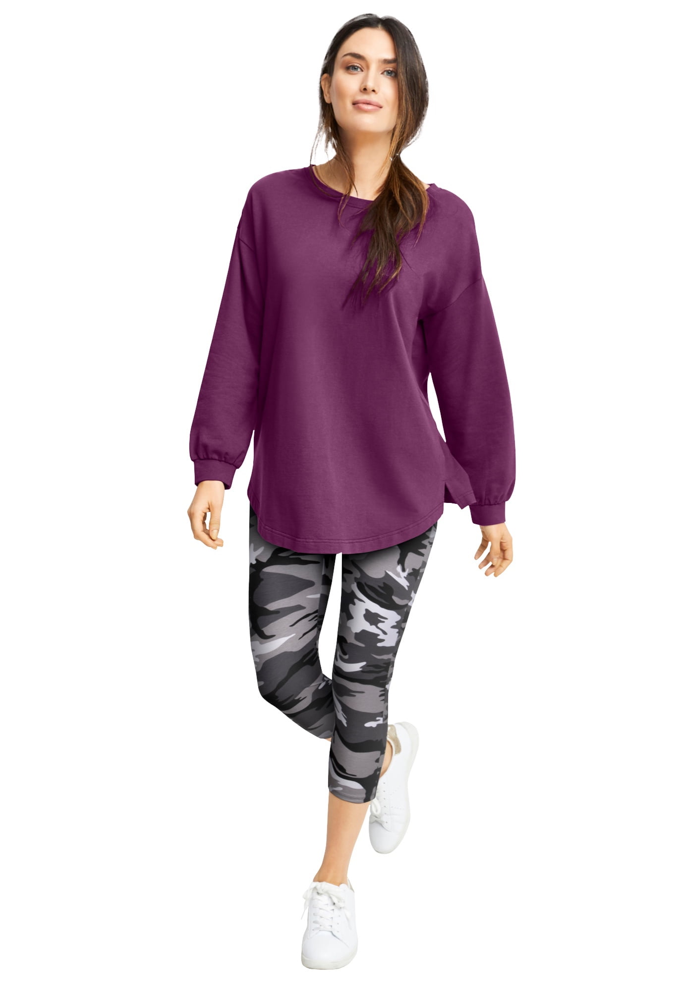 ellos Women's Plus Size Knit Capri Leggings 14/16, Black White Camouflage