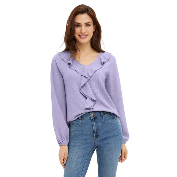 Ellos Plus Size Stretch Textured Knit V-Neck Ruffle Front Top