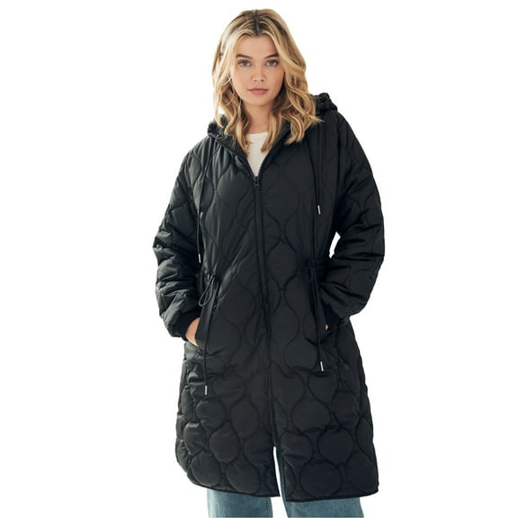 Ellos Women's Long Quilted Jacket With Drawstring Waist