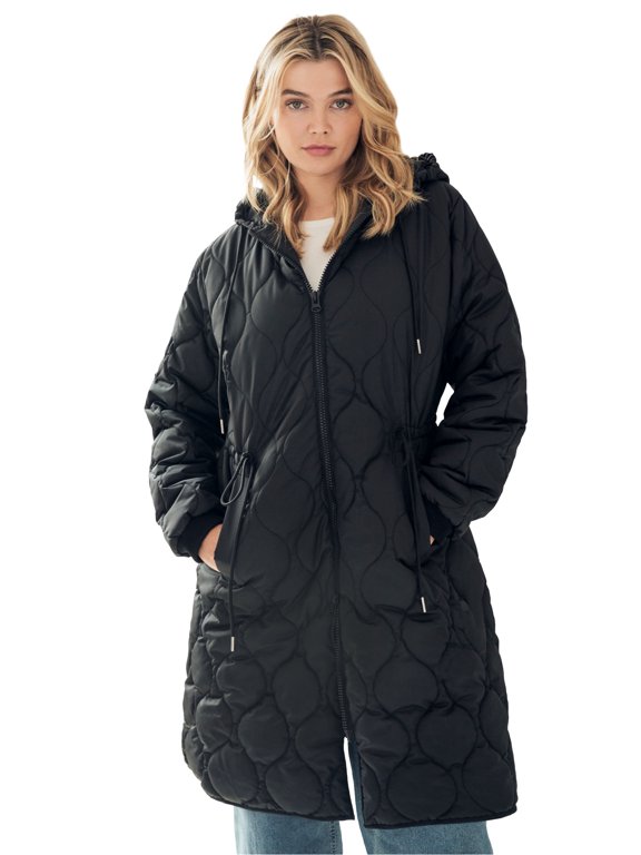 Women's Long Quilted Jacket With Drawstring Waist