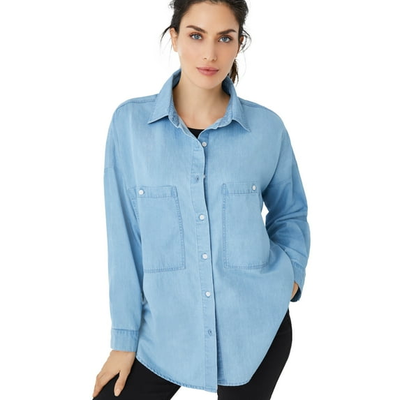 Ellos Women's Oversized Button-Front Denim Shirt