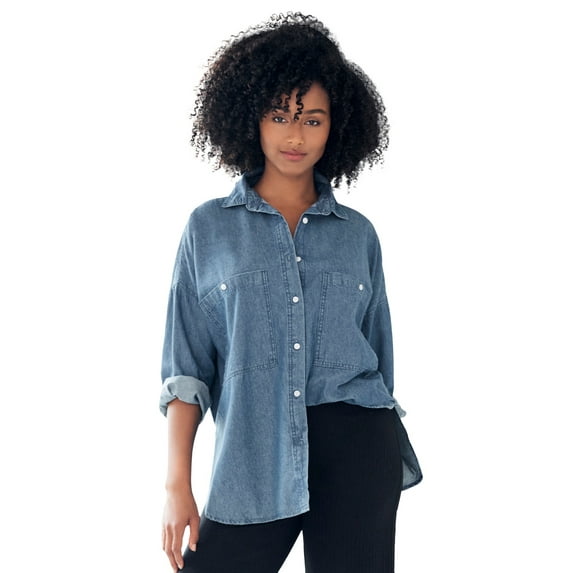 Ellos Women's Oversized Button-Front Denim Shirt