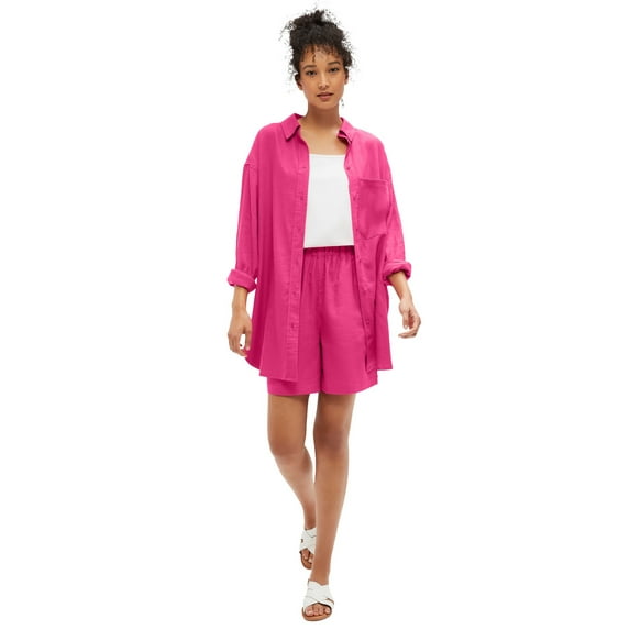 Ellos Women's Oversized Button-Front Linen Blend Shirt