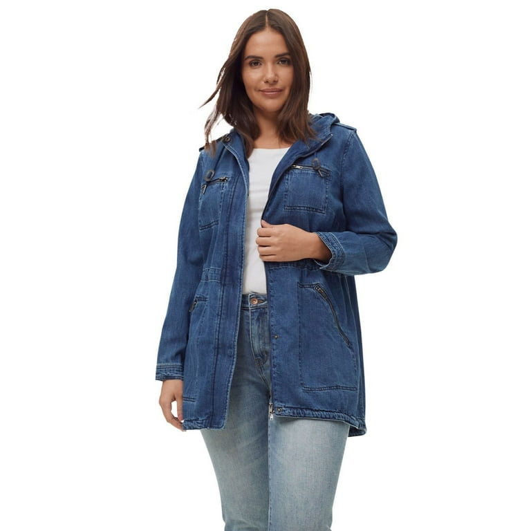 Ellos Women s Plus Size Hooded Anorak Denim Jacket Color Dark Blue Stonewash Size 14 Walmart