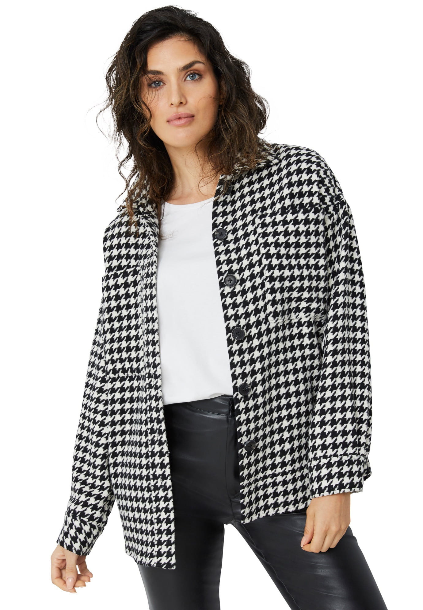 Ellos Women s Plus Size Houndstooth Shirt Jacket Long Oversized