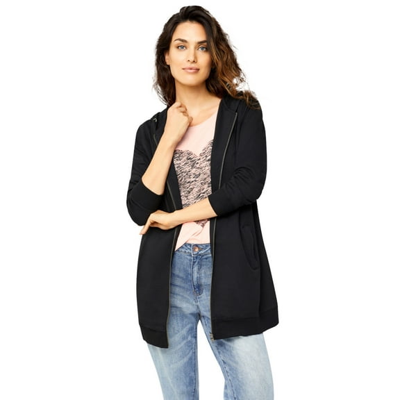 Ellos Women's Plus Size Long Zip Front Hoodie French Terry Long Oversized Lightweight Jacket