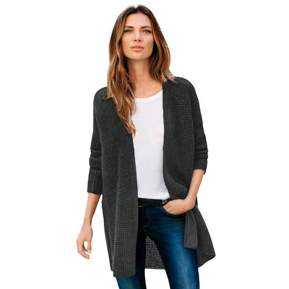 Ellos Women's Plus Size Open Front Waffle Cardigan Oversized Long Lightweight Sweater