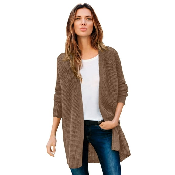 Ellos Women's Plus Size Open Front Waffle Cardigan Oversized Long Lightweight Sweater