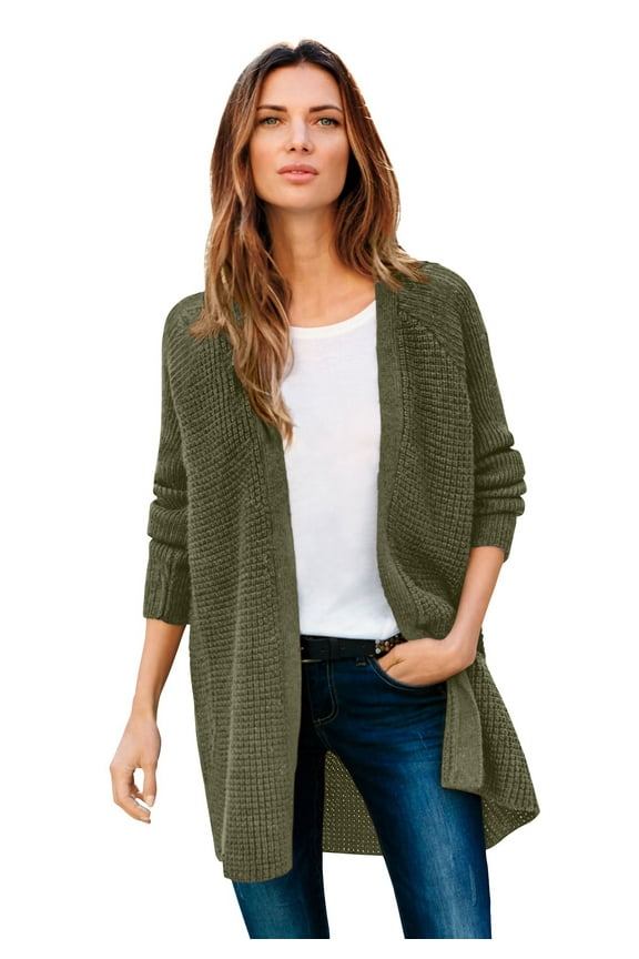 Women's Plus Size Open Front Waffle Cardigan Oversized Long Lightweight Sweater
