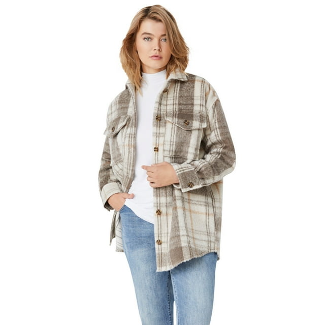 Ellos Women's Plus Size Plaid Wool-Blend Shirt Jacket Long Oversized ...