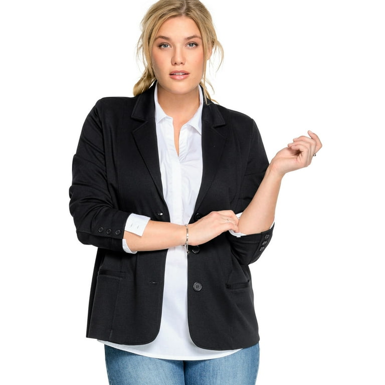 Ellos Women's Plus Size Ponte Knit Button-Front Blazer Work & Casual Jacket  - 18, Black