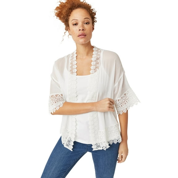 Ellos Women's Plus Size Sheer Lace Trim Kimono Cardigan Oversized