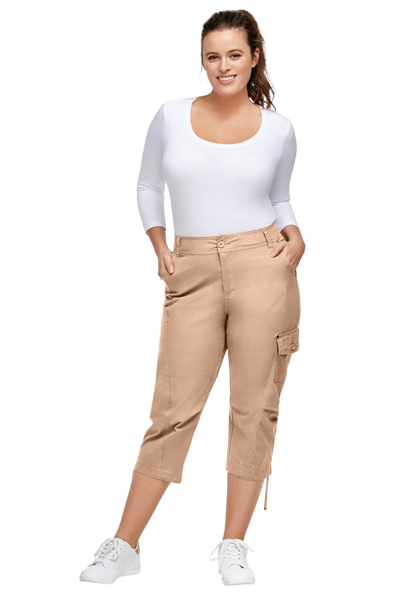 Ellos Women's Plus Size Stretch Cargo Capris Front and Side Pockets Casual  Cropped Pants - 16, New Khaki Beige 