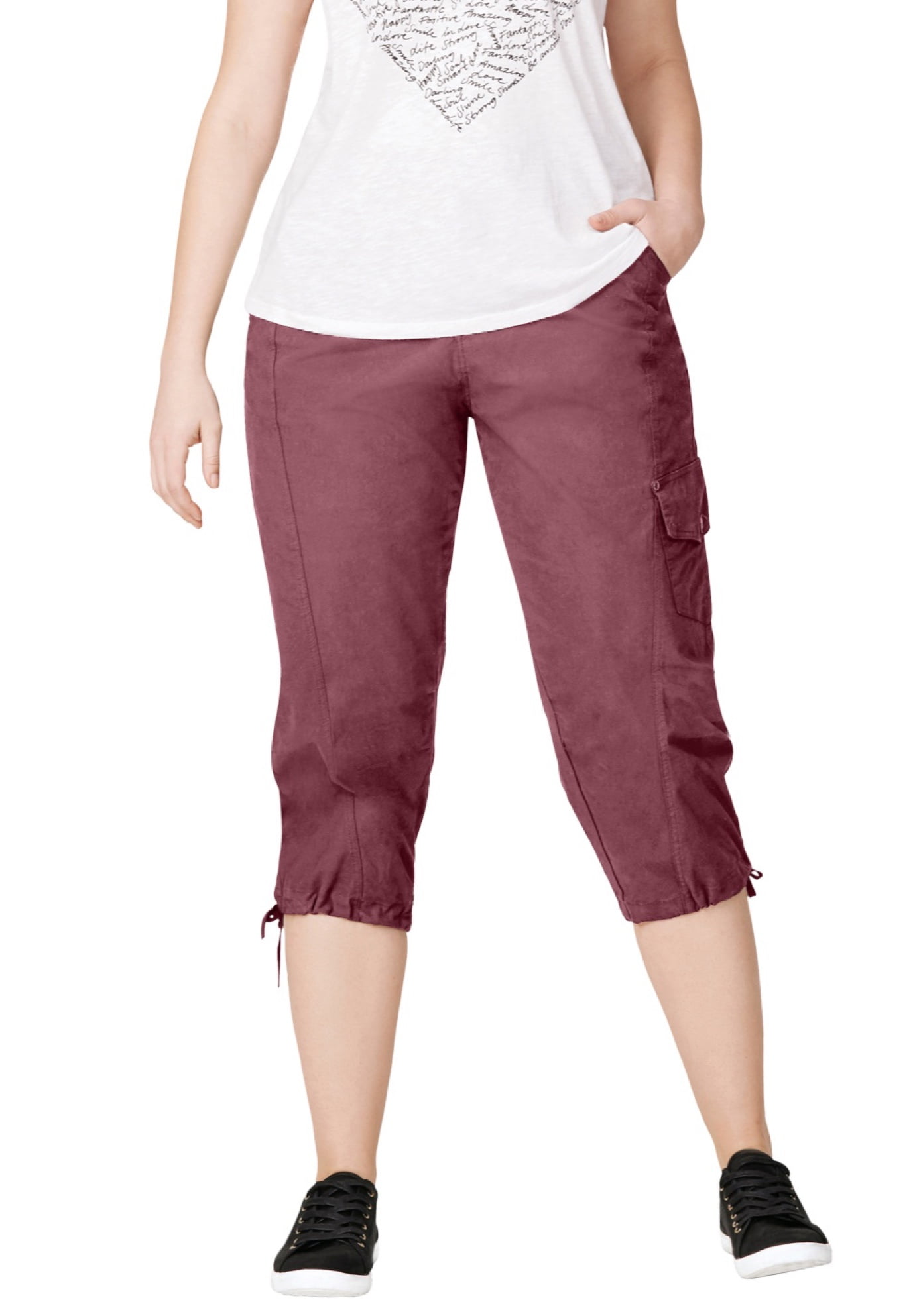 Ellos Women's Plus Size Stretch Cargo Capris Front and Side Pockets Casual  Cropped Pants - 18, Vintage Plum Purple