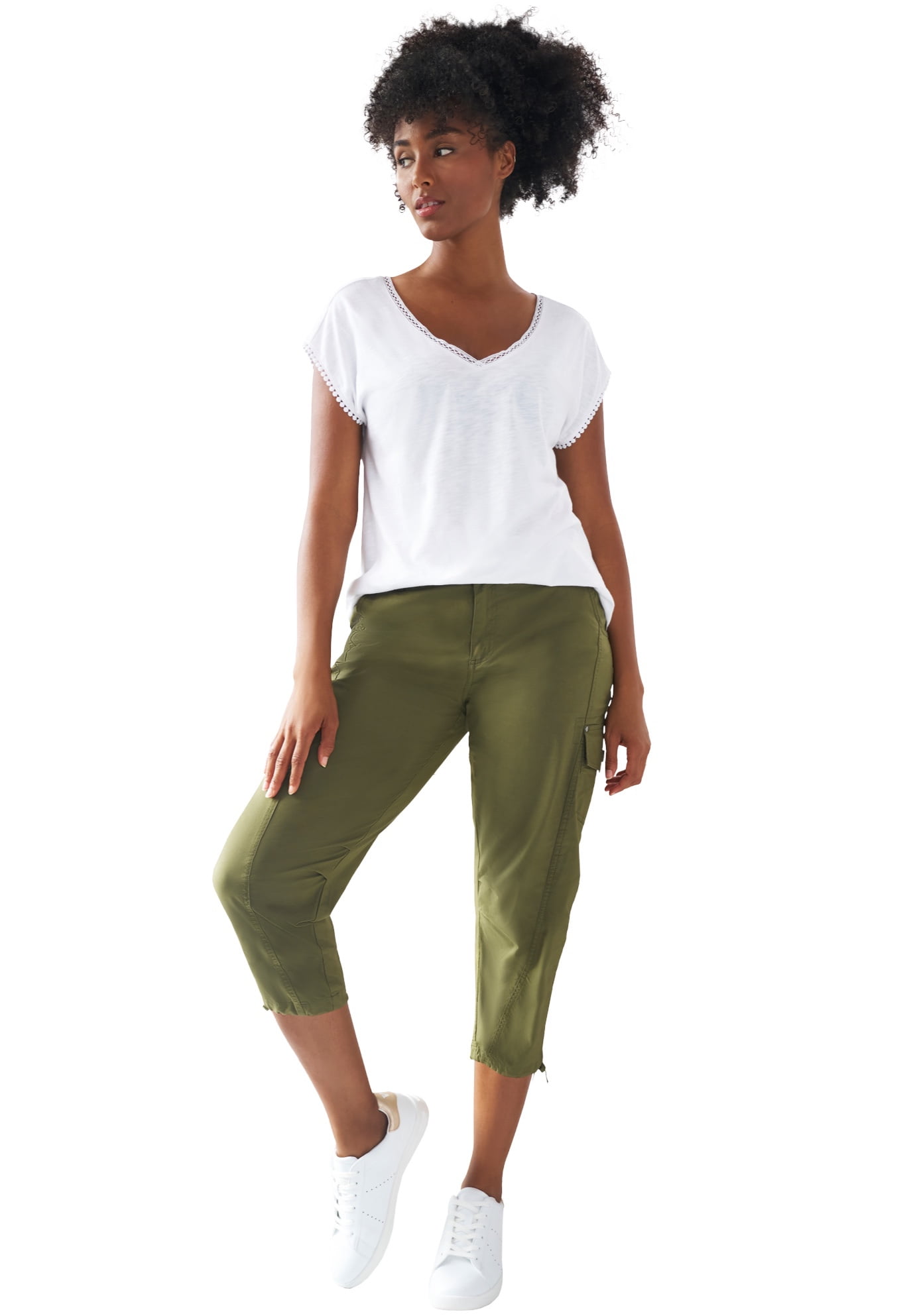 Ellos Women's Plus Size Stretch Cargo Capris | Front and Side Pockets |  Casual Cropped Pants - 20, Dark Basil Green