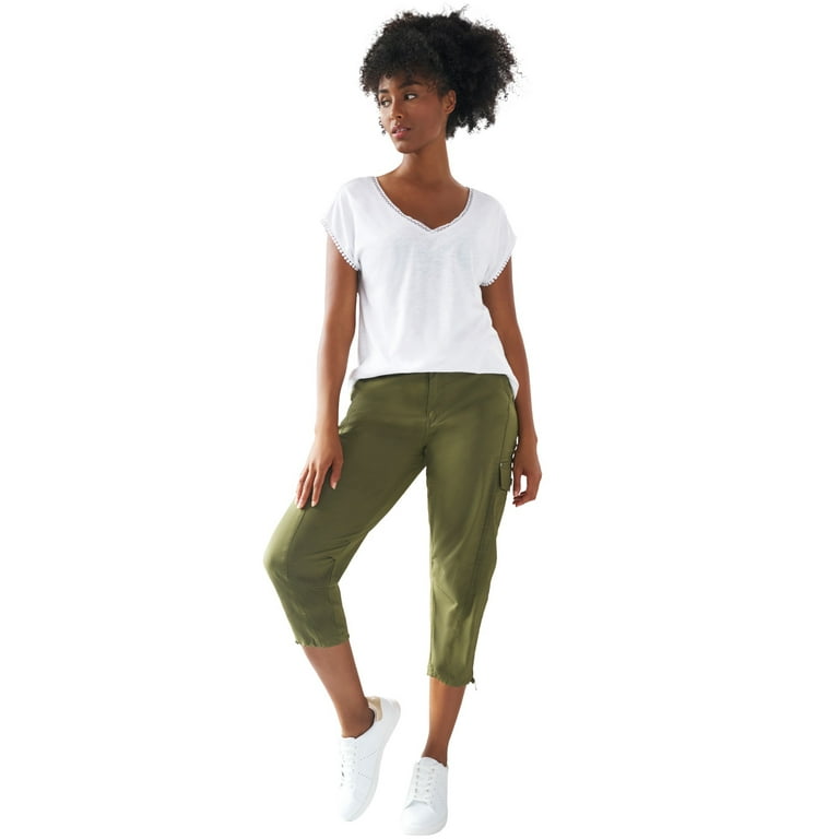 Ellos Women's Plus Size Stretch Cargo Capris | Front and Side Pockets |  Casual Cropped Pants - 20, Dark Basil Green