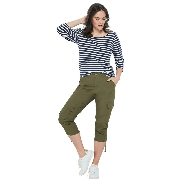 Ellos Women's Plus Size Stretch Cargo Capris | Front and Side Pockets |  Casual Cropped Pants - 24, Dark Basil Green