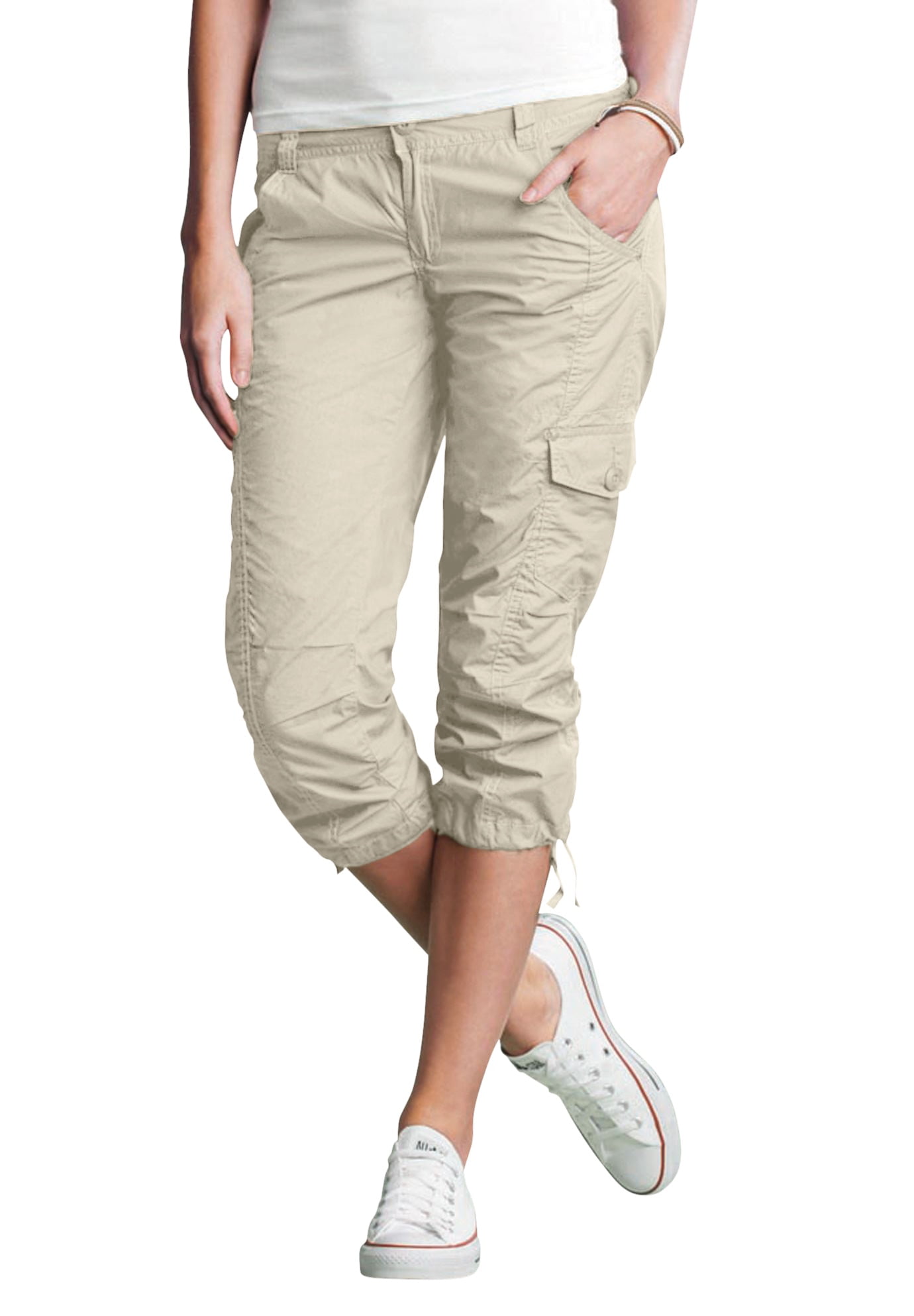 Ellos Women's Plus Size Stretch Cargo Capris Front and Side