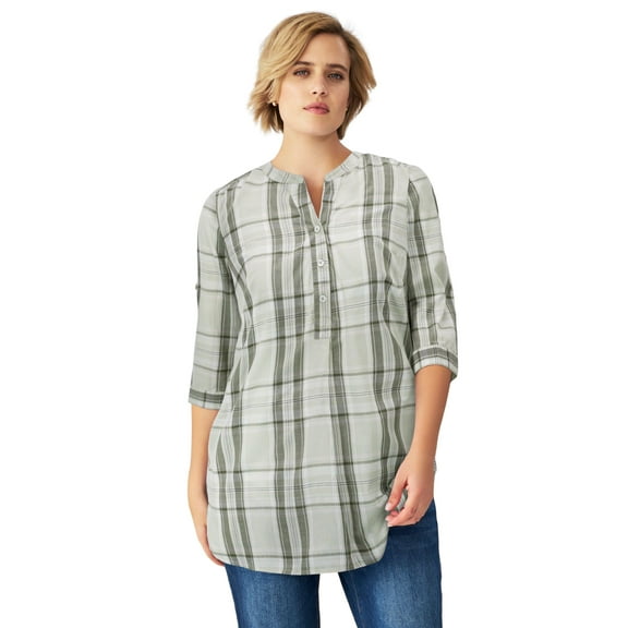 Ellos Women's Plus Size Striped Henley Tunic Oversized Long Top Wear with Leggings