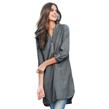 Ellos Women's Plus Size Striped Henley Tunic Oversized Long Top Wear with Leggings