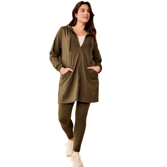 Ellos Women's Plus Size Zip-Front Hoodie With Zip Pockets French Terry Long Oversized Jacket