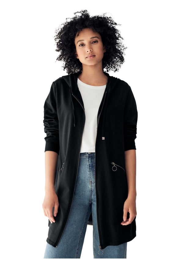 Women's Plus Size Zip-Front Hoodie With Zip Pockets French Terry Long Oversized Jacket