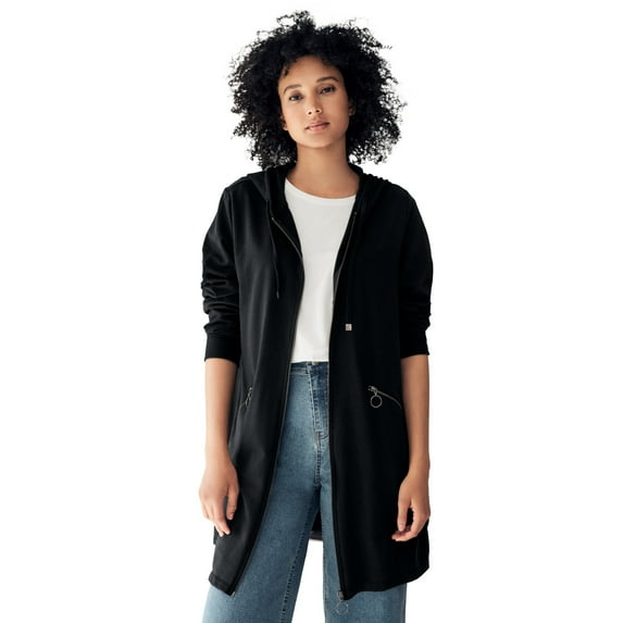Ellos Women's Plus Size Zip-Front Hoodie With Zip Pockets French Terry Long Oversized Jacket