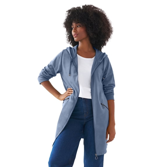 Ellos Women's Plus Size Zip-Front Hoodie With Zip Pockets French Terry Long Oversized Jacket