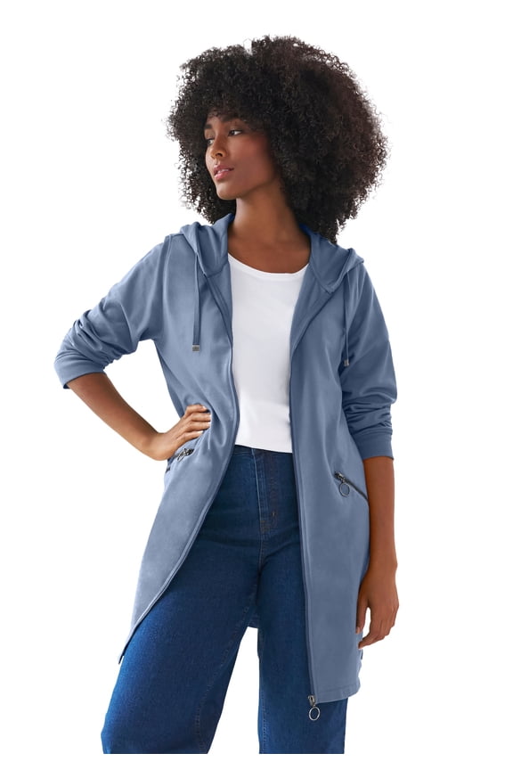 Women's Plus Size Zip-Front Hoodie With Zip Pockets French Terry Long Oversized Jacket
