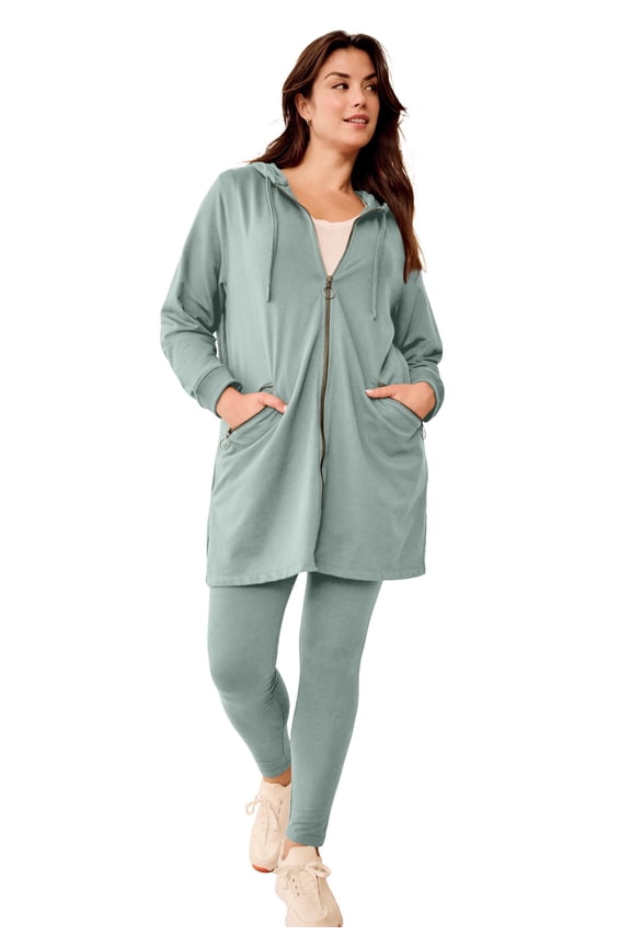 Women's Plus Size Zip-Front Hoodie With Zip Pockets French Terry Long Oversized Jacket