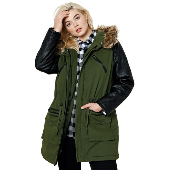 Ellos Women's Quilted Faux Leather Sleeve Parka Jacket