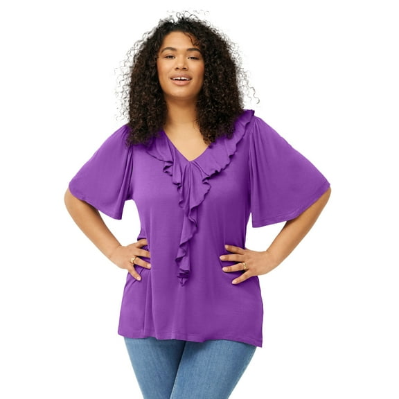 Ellos Women's Ruffle Neckline Flutter Sleeve Tunic