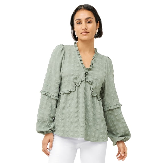 Ellos Women's Ruffle Trim V-Neck Babydoll Blouse