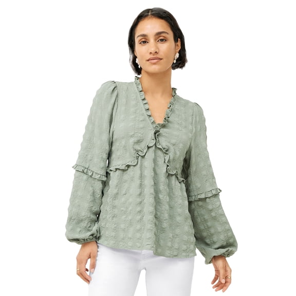 Ellos Women's Ruffle Trim V-Neck Babydoll Blouse