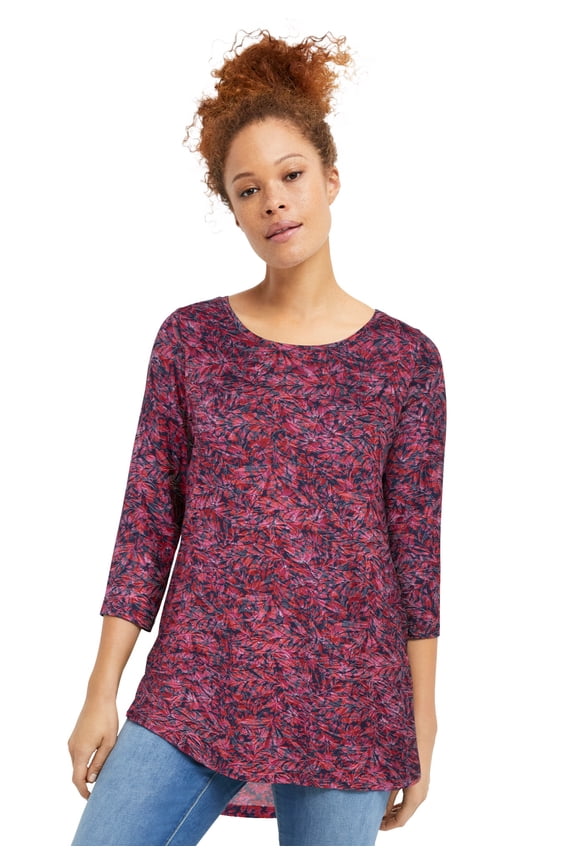 Plus Size Stretch Jersey Knit Scoop Neck Three-Quarter Sleeve Curved Hem A-Line Tunic