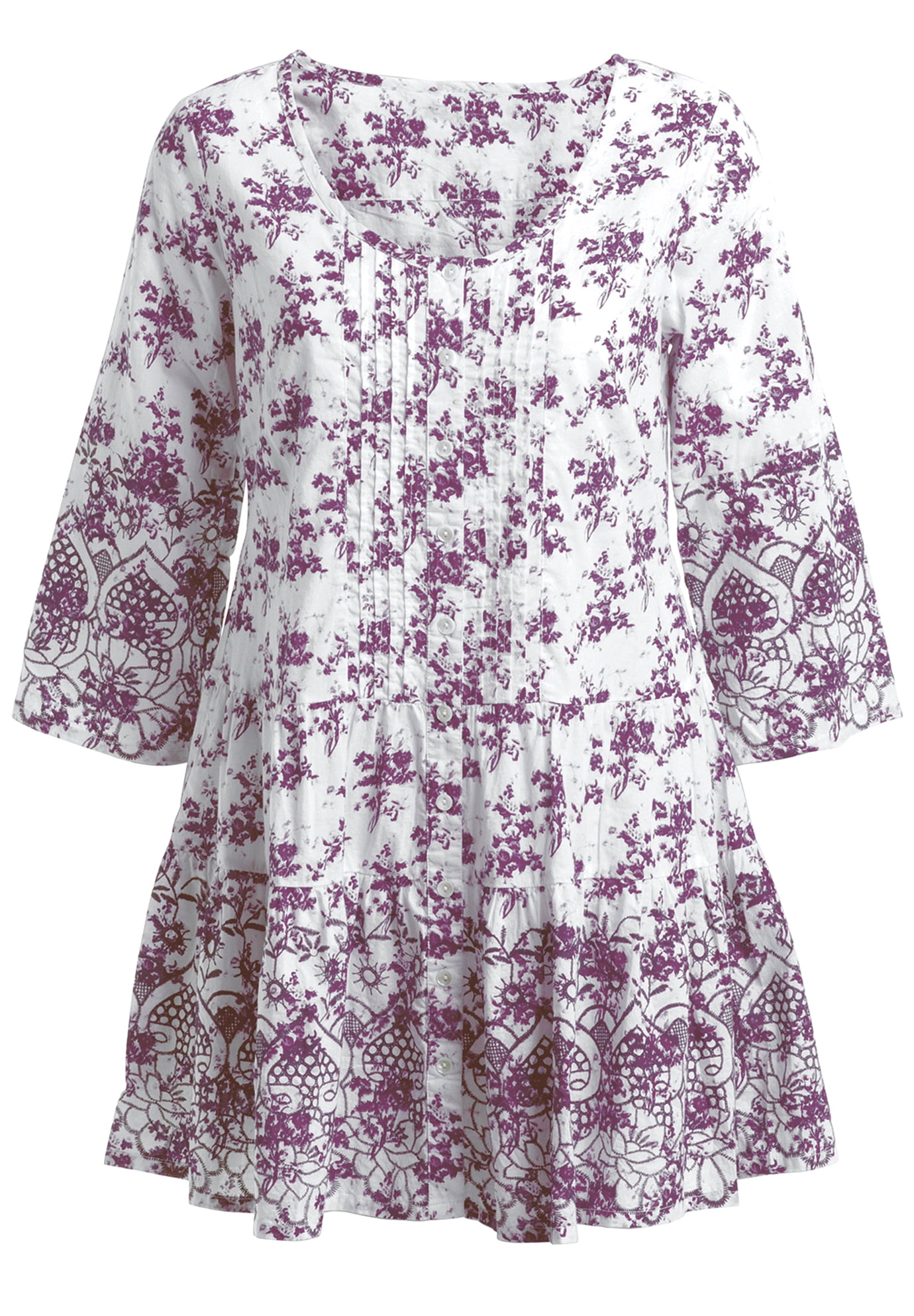 Ellos Women's Tiered Floral 3/4 Sleeve Tunic Tunic - Walmart.com