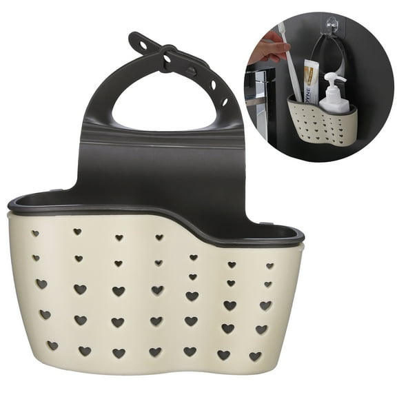 Ellsang Kitchen Sink Caddy Sponge Brush Holder, Kitchen Accessories Organizer with Adjustable Strap and Drain Holes (Beige)