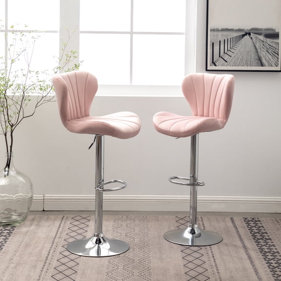 Ellston Set of 2 Pink Velvet Upholstered Swivel Barstools, Adjustable Height Gas Lift Counter & Bar Height Chairs with Chrome Footrest, Modern Chic Kitchen Island Seating, 20.5"W