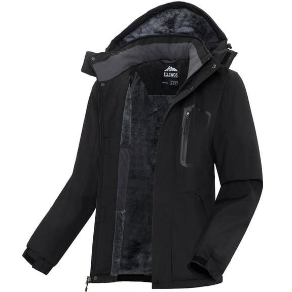 Ellswos-Sports Men's Winter Ski Jacket Waterproof Snow Coats Snowboard Fleece Lining Jacket Warm Parka with Hooded Black XL