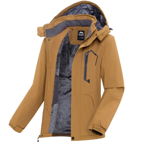 Ellswos-Sports Men's Winter Ski Jacket Waterproof Snow Coats Snowboard Fleece Lining Jacket Warm Parka with Hooded Brown XL